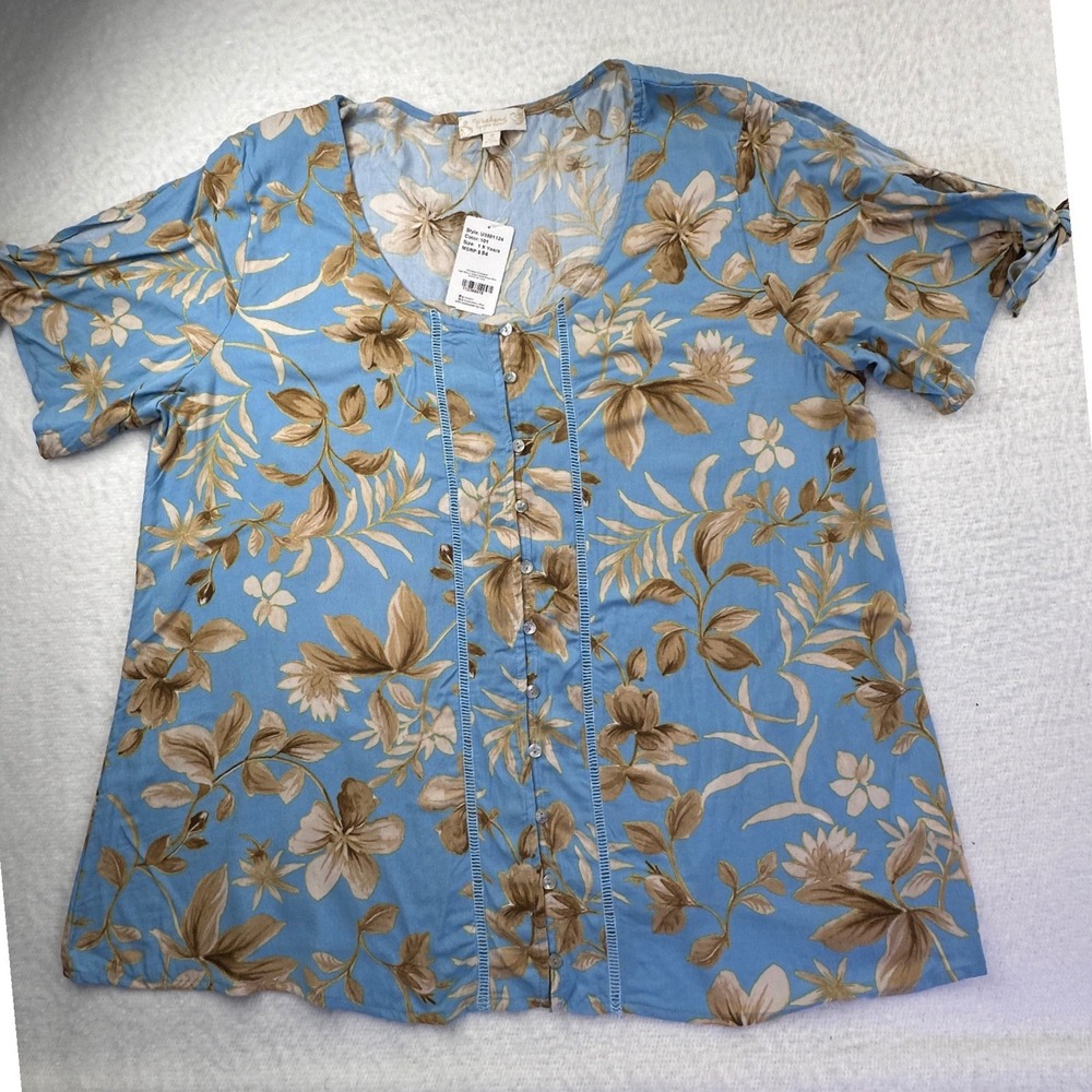 Suzanne Betro Tunic Womens 1X Blue Floral Blouse Tropical Beach Boho Tropical
